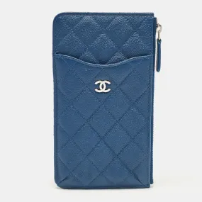 Blue Quilted Caviar Leather Classic Phone Pouch