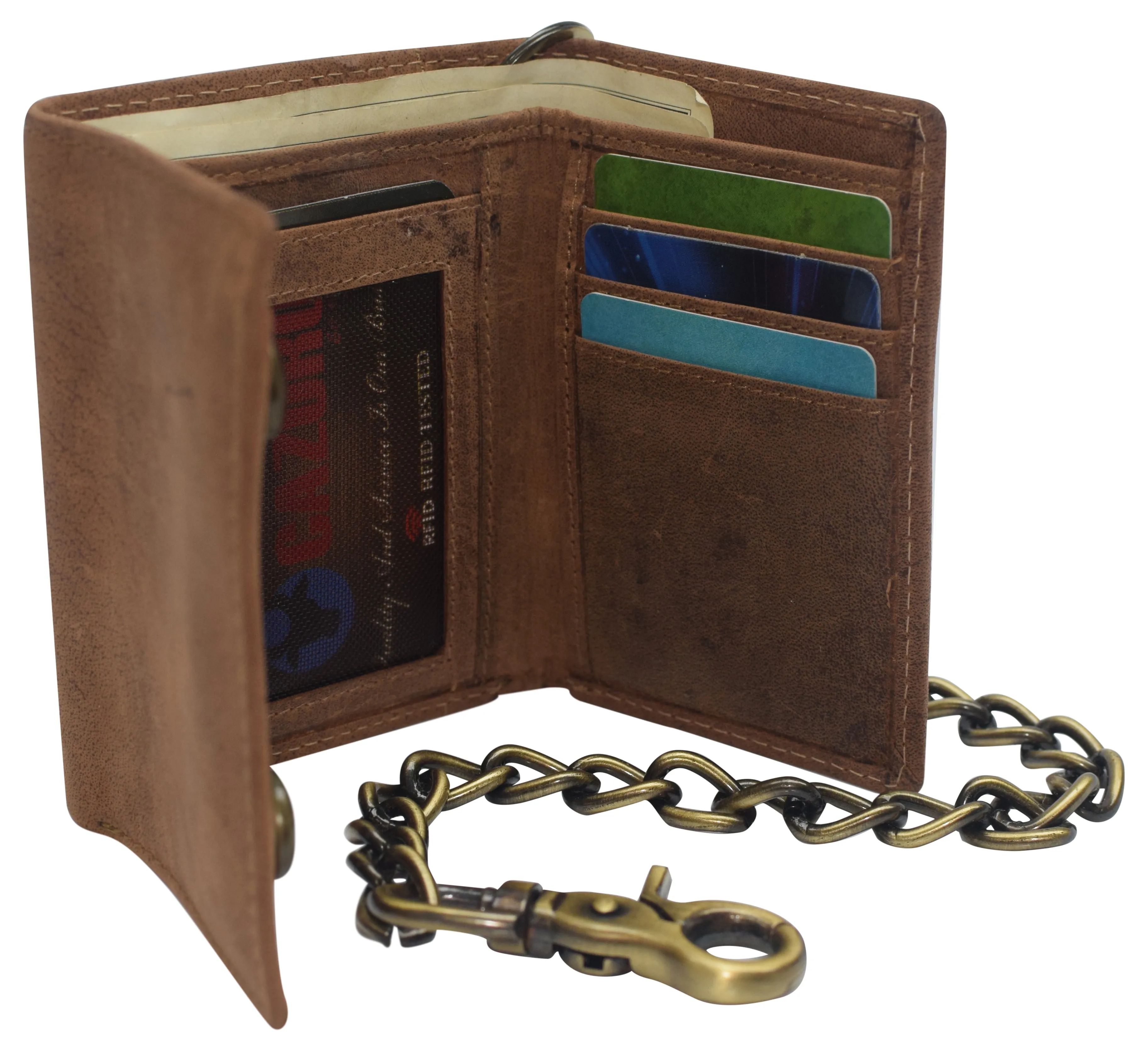 Cazoro Crazy Horse Leather RFID Trifold Chain Wallet Men's