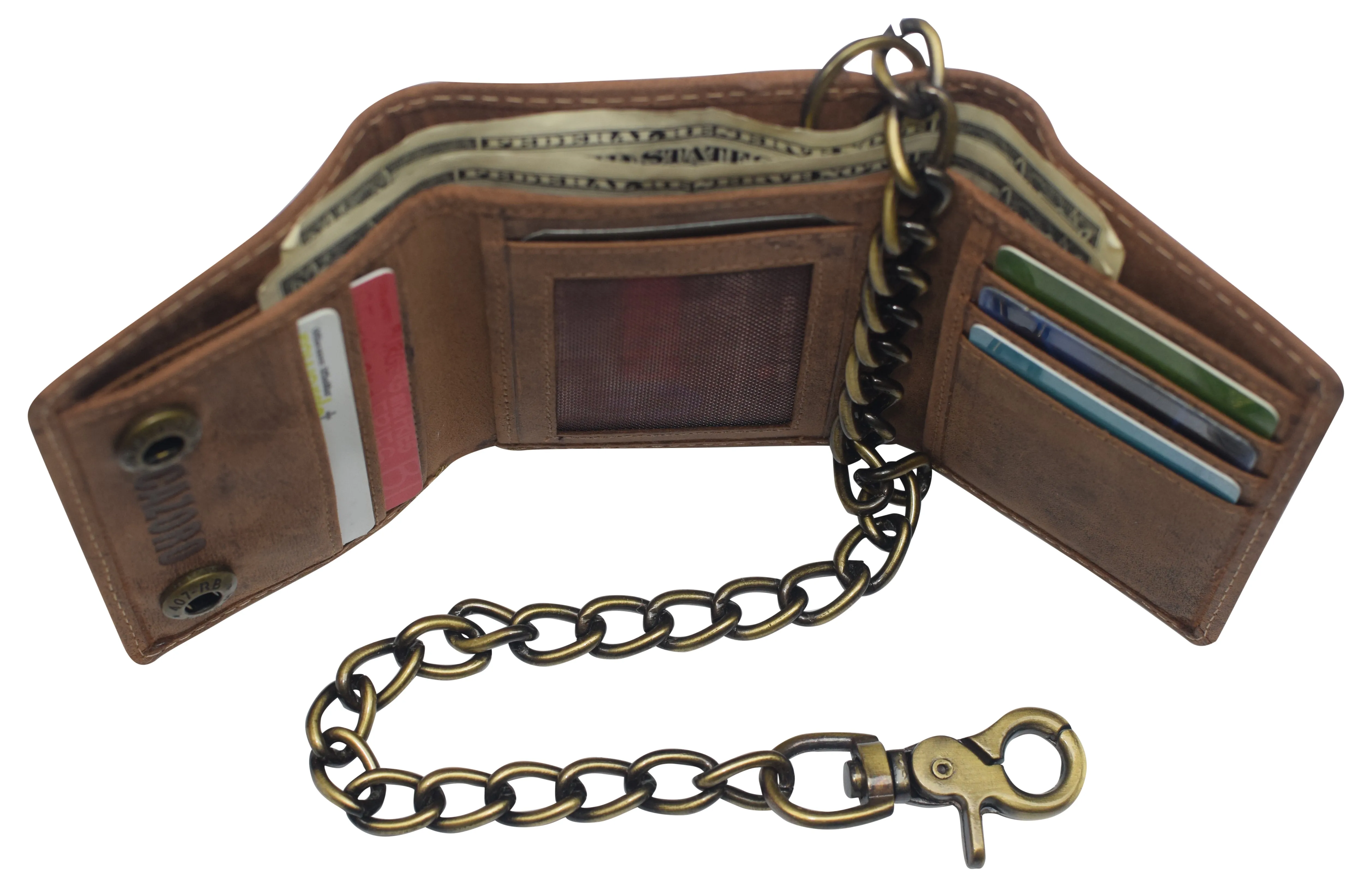 Cazoro Crazy Horse Leather RFID Trifold Chain Wallet Men's