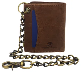 Cazoro Crazy Horse Leather RFID Trifold Chain Wallet Men's