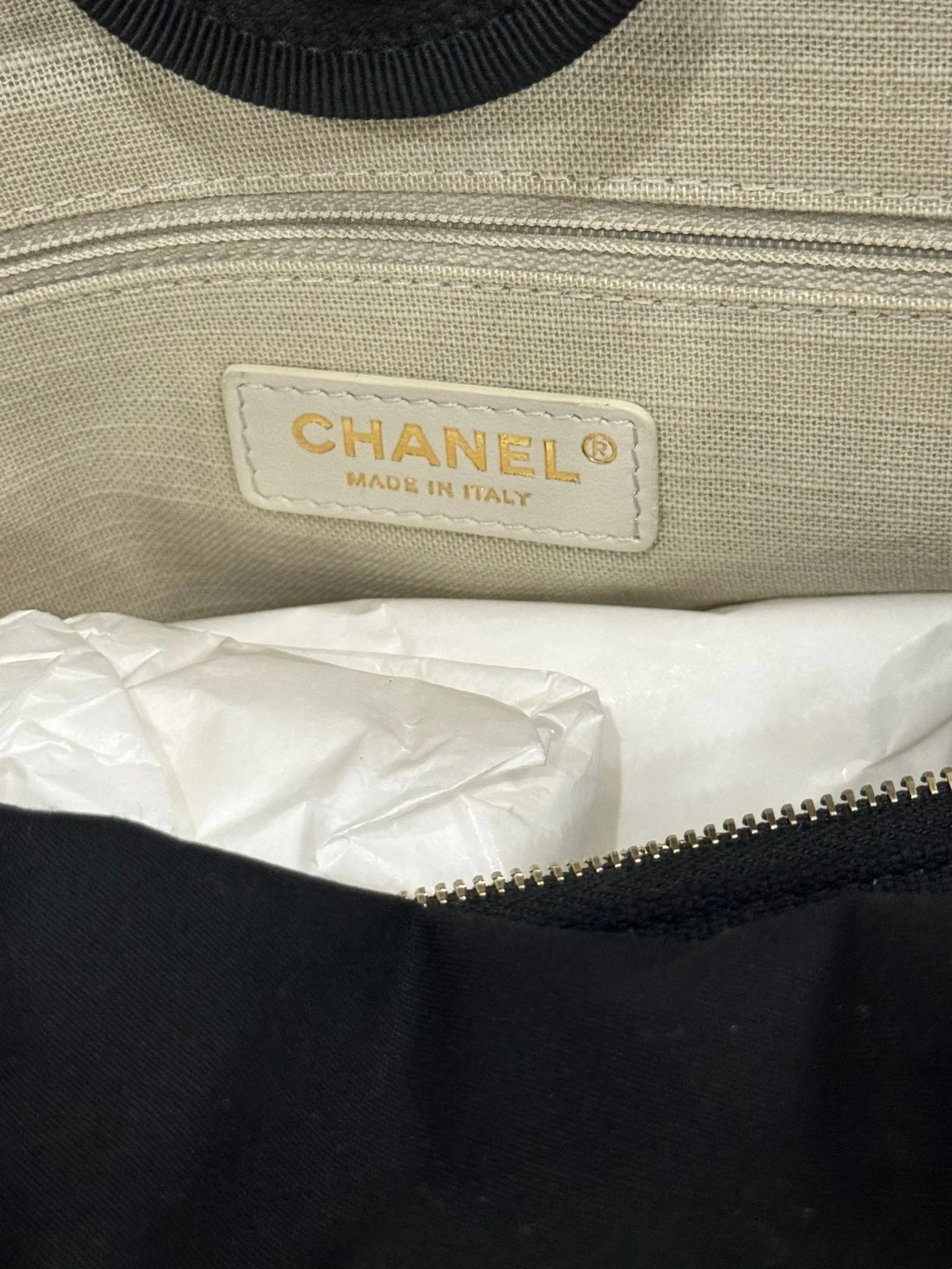 Chanel Deauville Shopping Tote Small, Black Mixed Fibers, Calfskin & Gold-Tone Metal