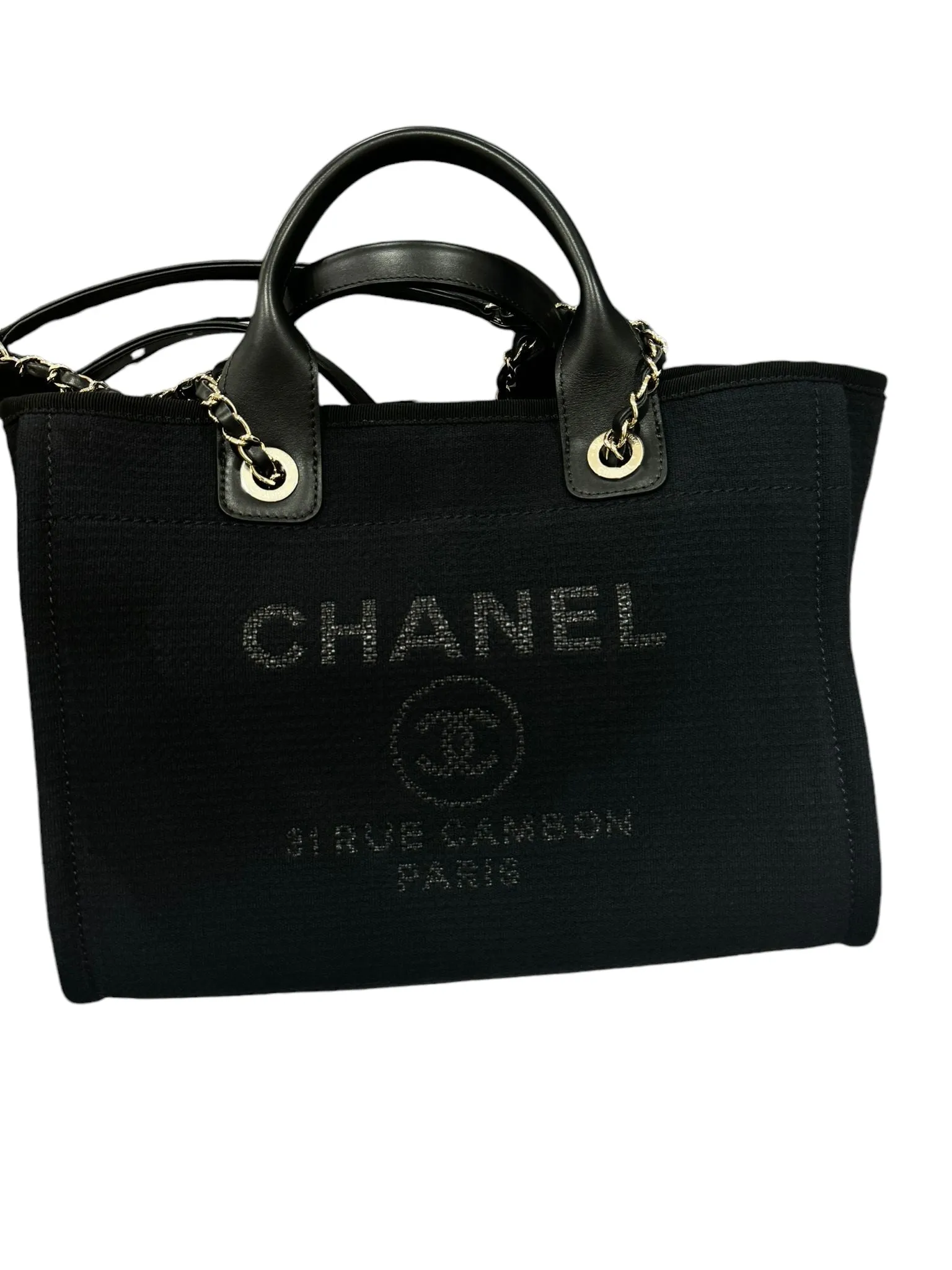 Chanel Deauville Shopping Tote Small, Black Mixed Fibers, Calfskin & Gold-Tone Metal