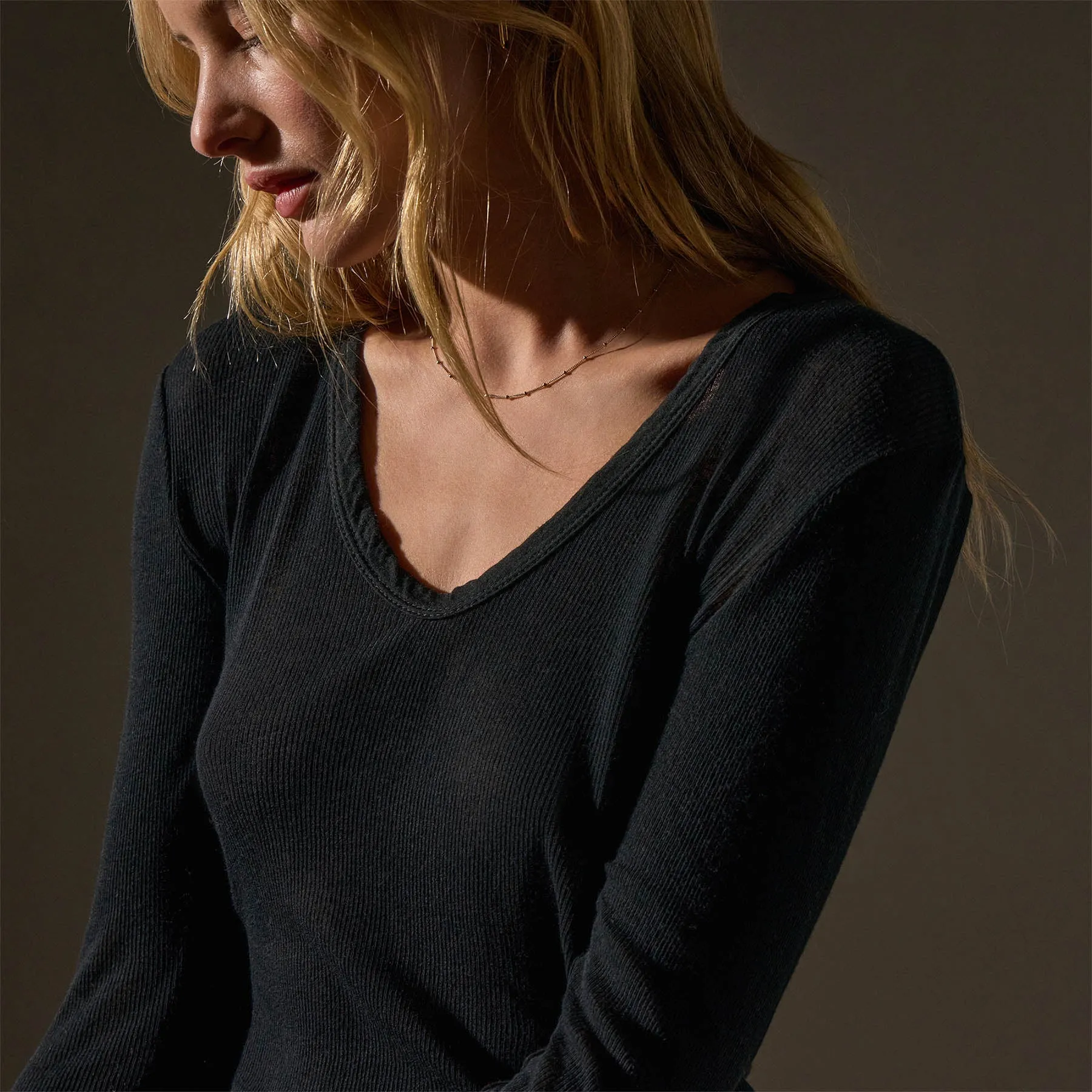 Cotton Cashmere Blend Deep V Tee - Black