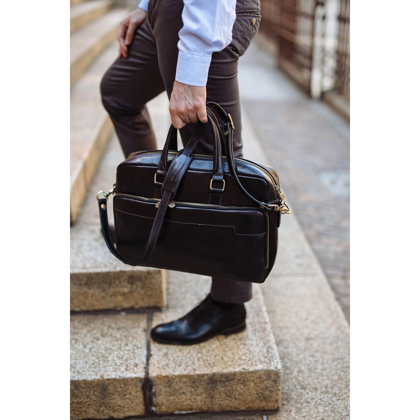 Dazzlo Leather Laptop Briefcase - Brown / Dark Brown / Black - 15.5"