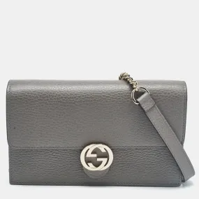 Grey Leather Leather Interlocking G Wallet On Chain