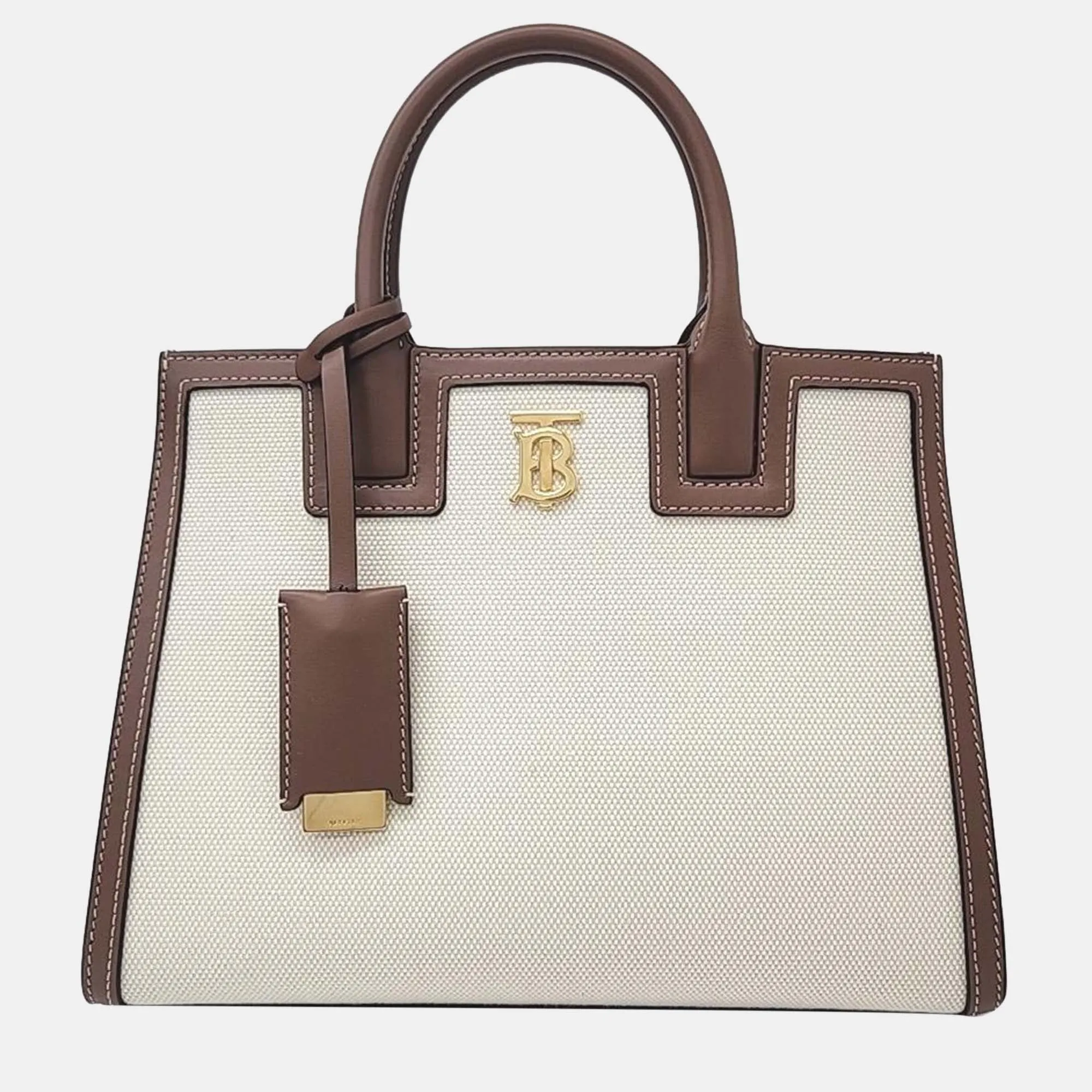 Ivory/Brown Leather and Canvas Mini Frances Tote Bag