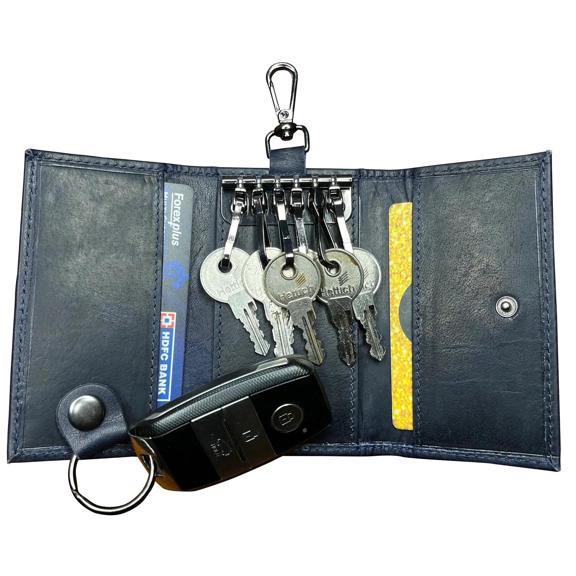 Leather Key Holder Smart Fob Car Key Loop Slim Keychain (Blue)