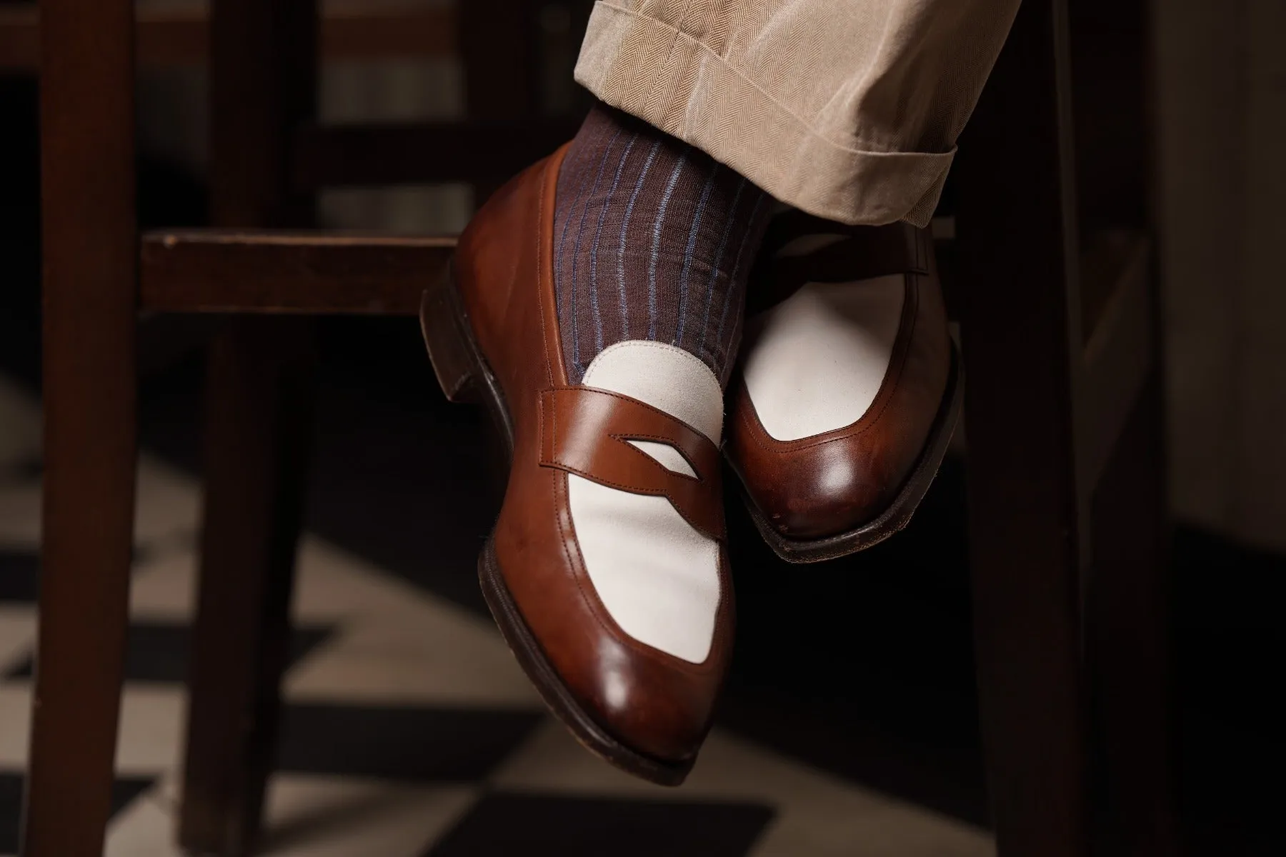 Mid Brown & Blue Shadow Stripe Cotton Socks