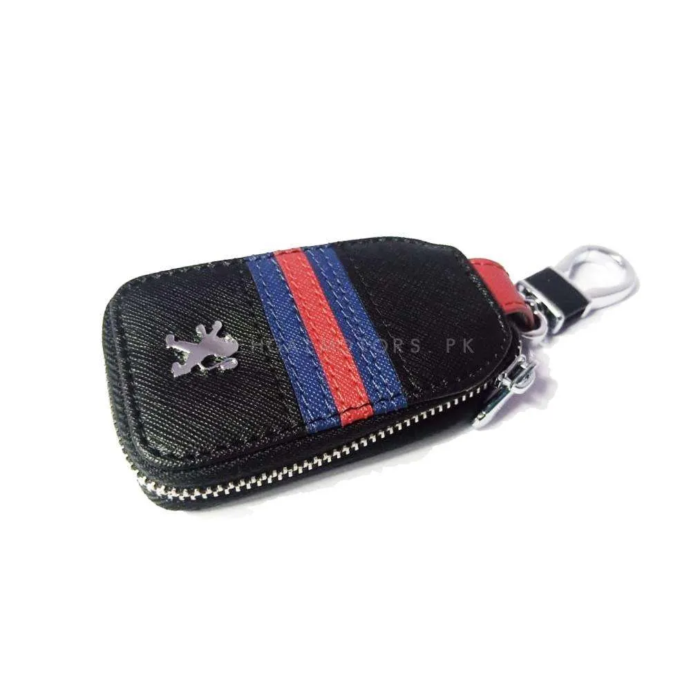 Peugeot Zipper Jeans Key Cover Pouch Black With Red Blue Strip Keychain Ring