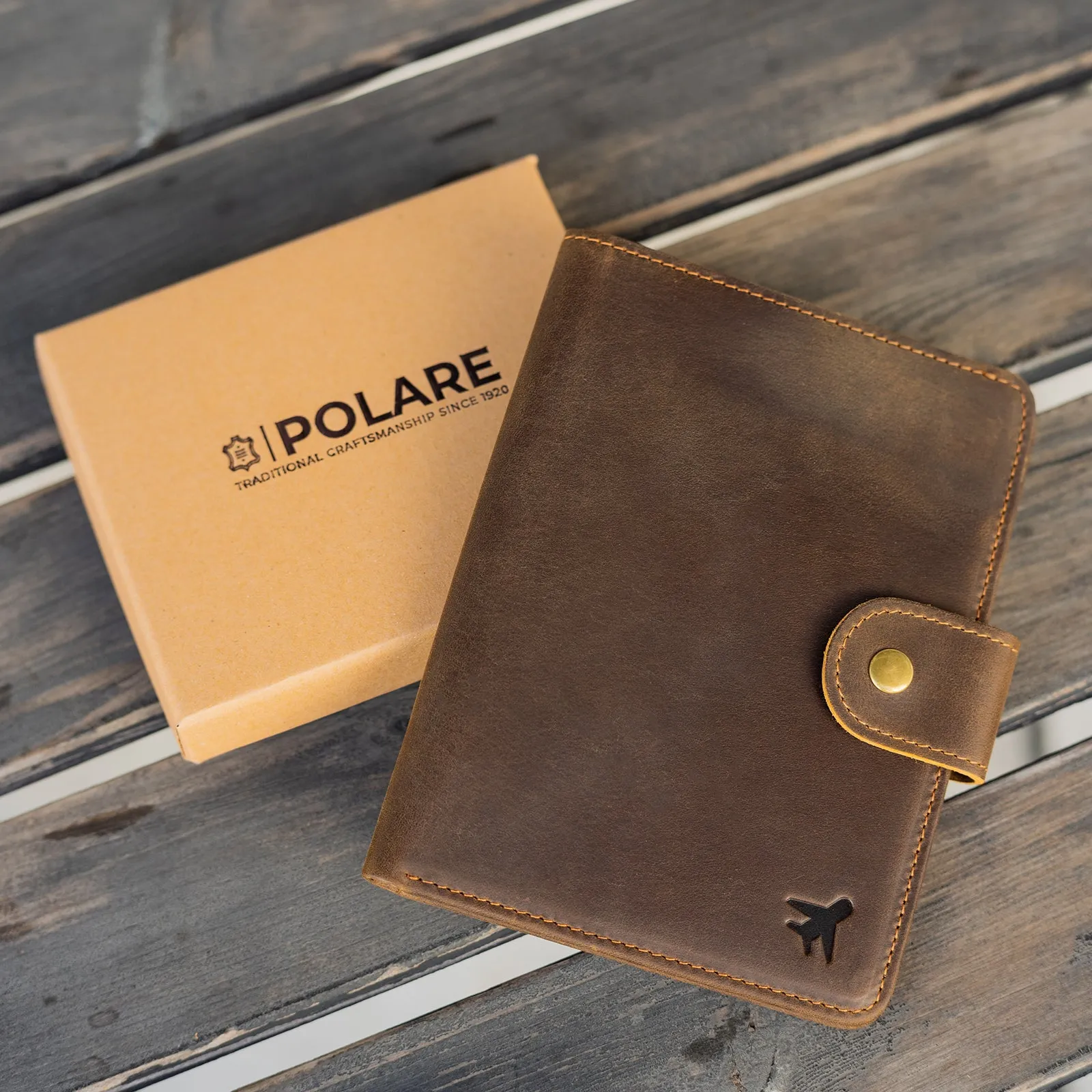 Polare Full Grain Leather Snap Bifold Travel Passport Holder Men's Slim RFID Blocking Passport Wallet (Dark Brown/Black)