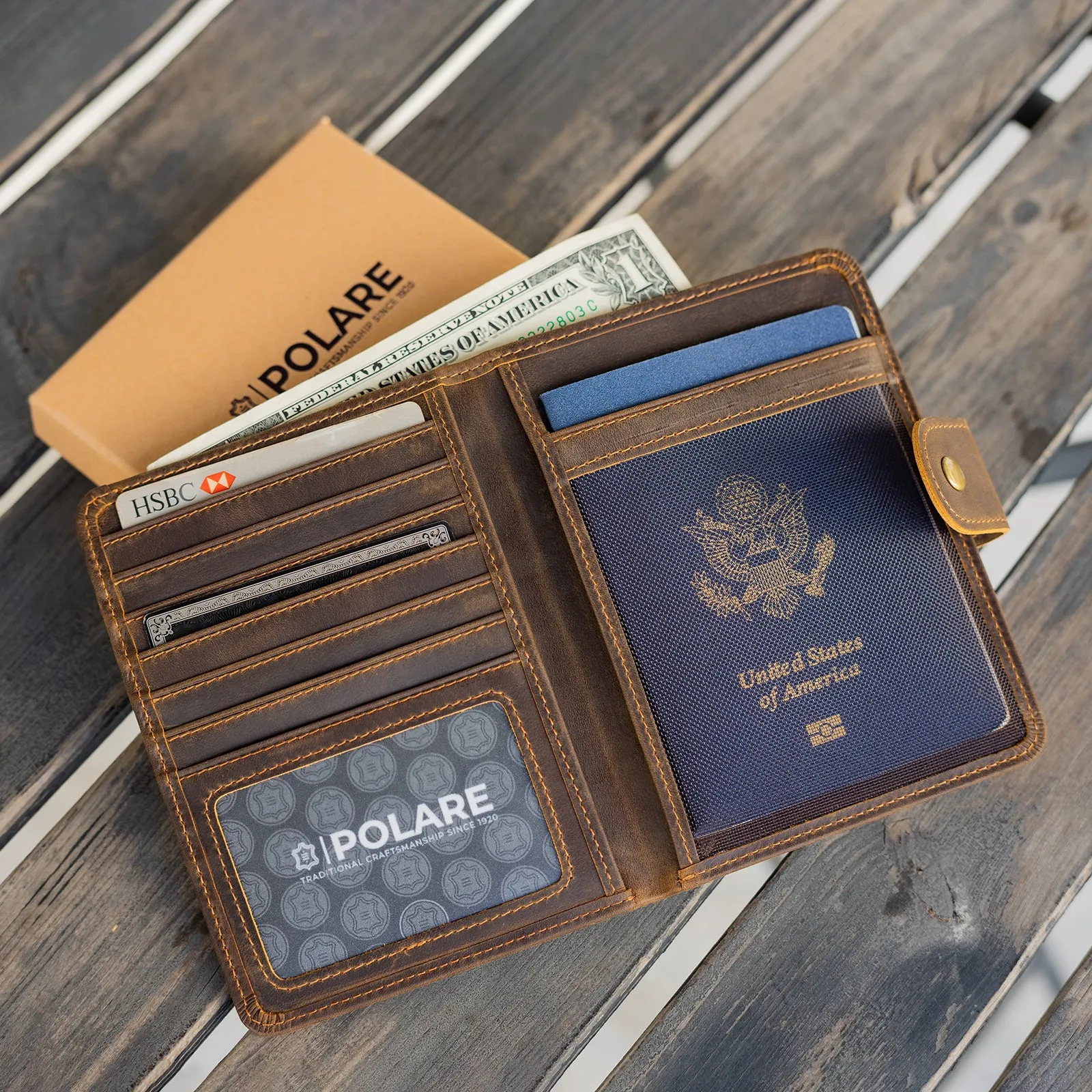 Polare Full Grain Leather Snap Bifold Travel Passport Holder Men's Slim RFID Blocking Passport Wallet (Dark Brown/Black)