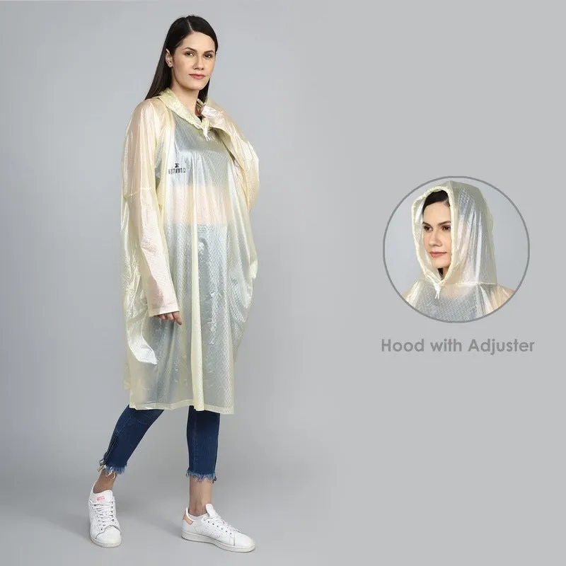 THE CLOWNFISH Avalon Series Womens Waterproof PVC Transparent Self Design Pullover Longcoat/Raincoat with Adjustable Hood (Lemon Yellow, XX-Large)