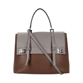 Trendy Inspired Prada Leather Double Twist Lock Satchel Brown/grey