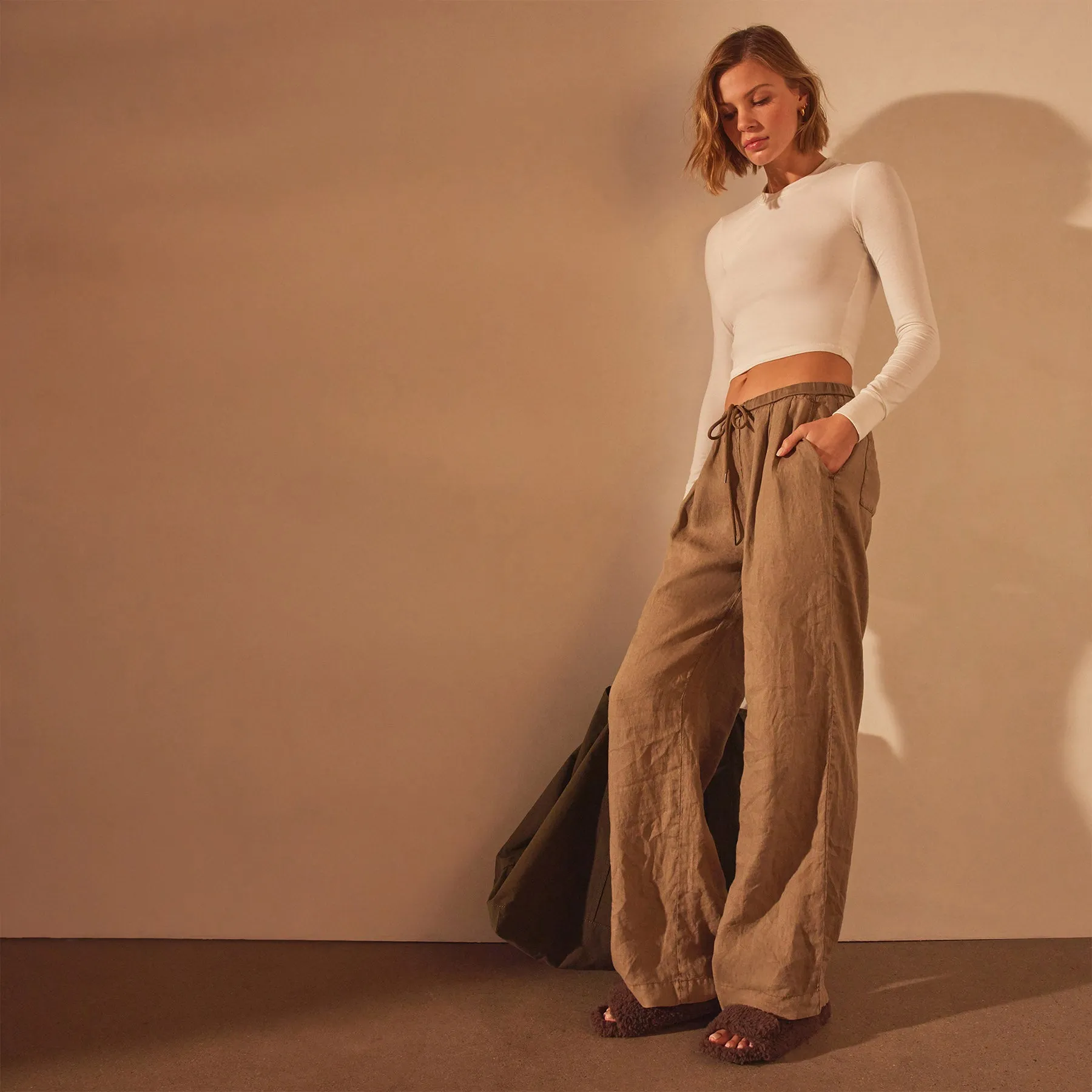 Wide Leg Relaxed Linen Pant - Cashew Pigment