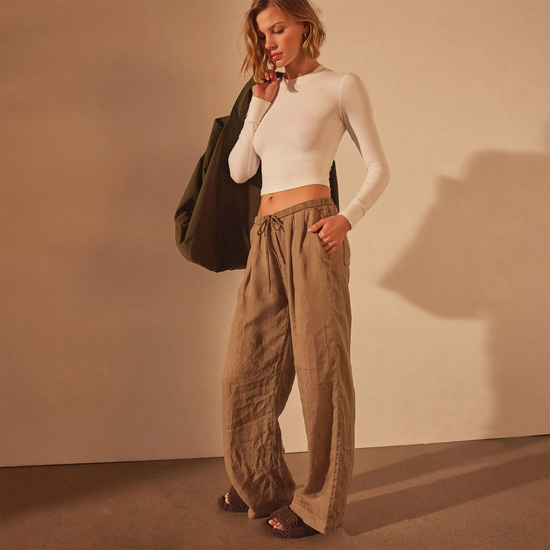 Wide Leg Relaxed Linen Pant - Cashew Pigment