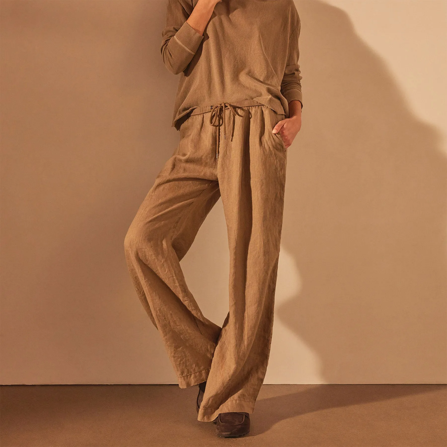 Wide Leg Relaxed Linen Pant - Cashew Pigment